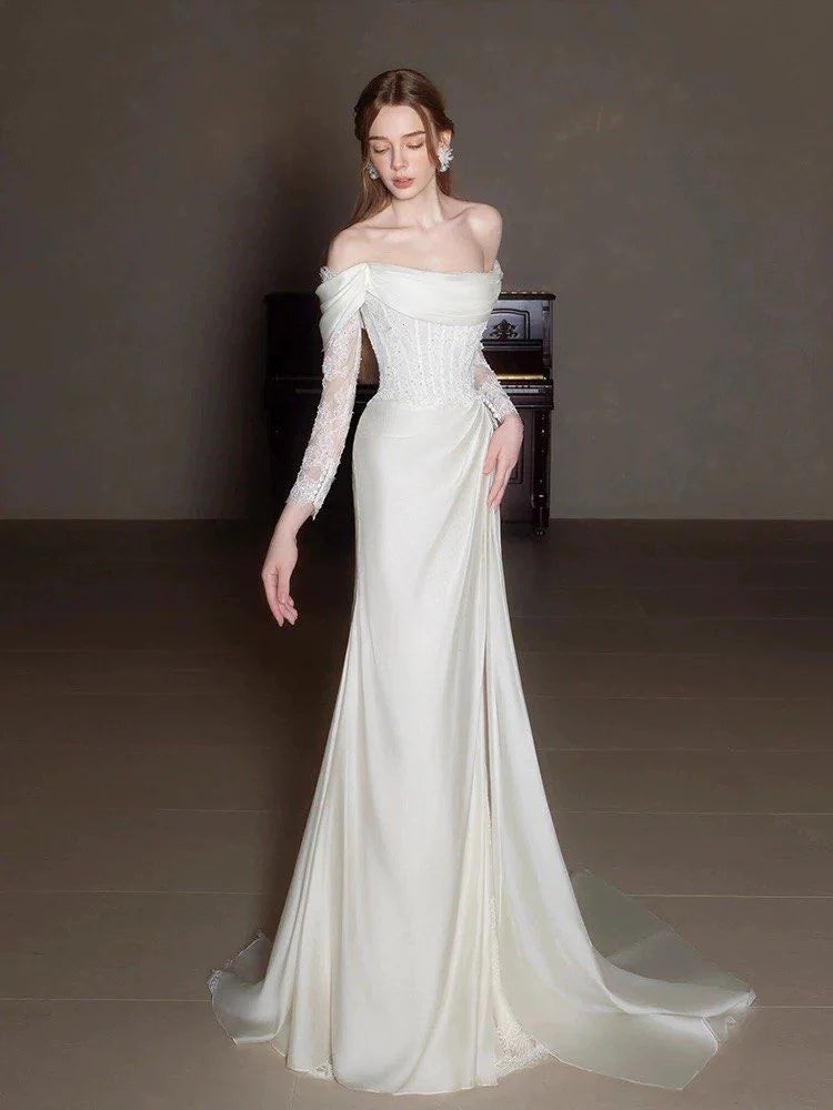 Timeless Ivory Satin Off-the-Shoulder Lace Long-Sleeve Corset Bodice Mermaid Train Wedding Dress