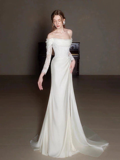 Timeless Ivory Satin Off-the-Shoulder Lace Long-Sleeve Corset Bodice Mermaid Train Wedding Dress
