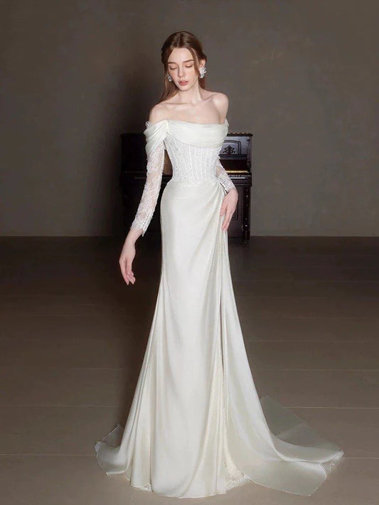 Timeless Ivory Satin Off-the-Shoulder Lace Long-Sleeve Corset Bodice Mermaid Train Wedding Dress