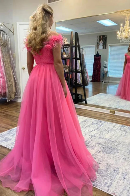 Off Shoulder Hot Pink Tulle Prom Dresses with 3D Flowers