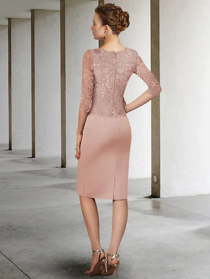 Mother of the Bride Dress Elegant Jewel Neck Knee Length Lace Stretch Fabric Half Sleeve with Appliques