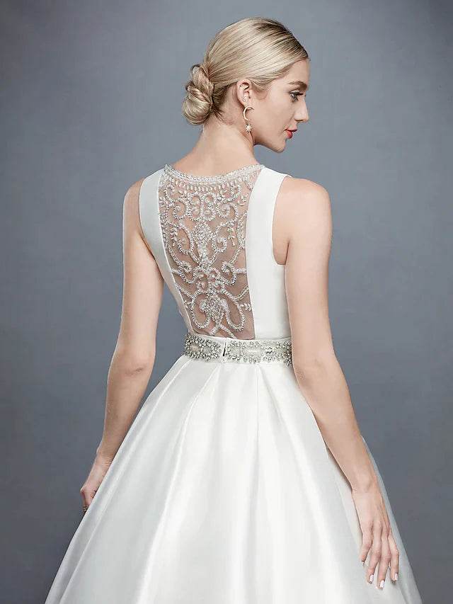 Ball Gown Wedding Dresses Bateau Neck Court Train Lace Satin Regular Straps Formal Backless with Lace Sash Ribbon Beading