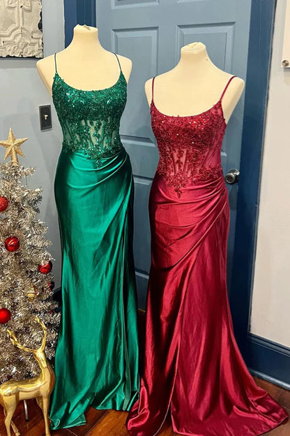 Lace-Up Mermaid Satin Long Prom Dress with Slit
