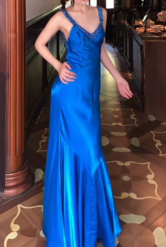 V Neck Beaded Strap Ruched Satin Mermaid Train Evening Dresses with Open Back