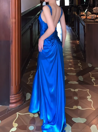 V Neck Beaded Strap Ruched Satin Mermaid Train Evening Dresses with Open Back
