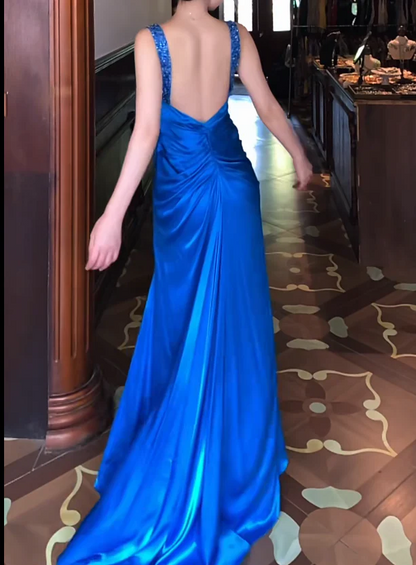 V Neck Beaded Strap Ruched Satin Mermaid Train Evening Dresses with Open Back
