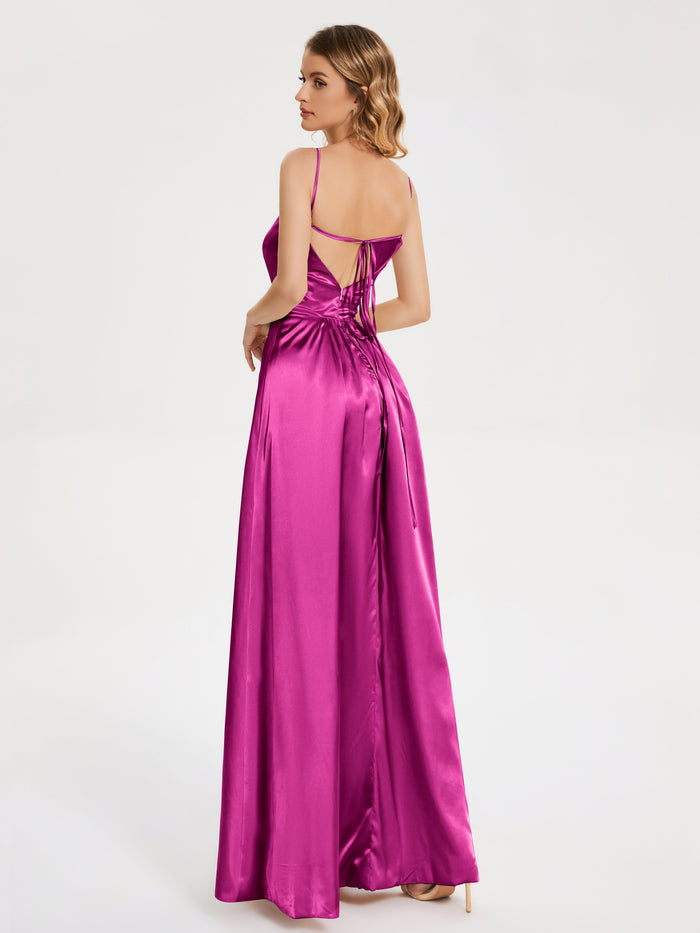 Vibrant Fuchsia Satin Halter-Neck Lace-Up Back High-Slit Evening Dress