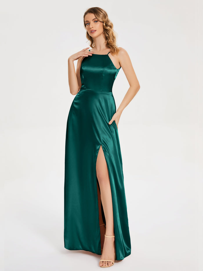 Vibrant Fuchsia Satin Halter-Neck Lace-Up Back High-Slit Evening Dress