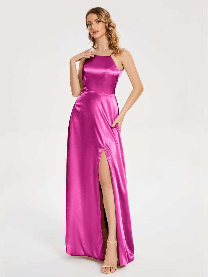 Vibrant Fuchsia Satin Halter-Neck Lace-Up Back High-Slit Evening Dress