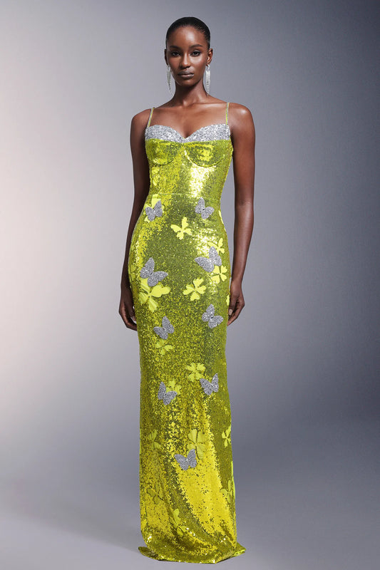 Vibrant Lime Green Sequin Spaghetti Strap with Crystal Trim and Butterfly Applique Mermaid Evening Dress