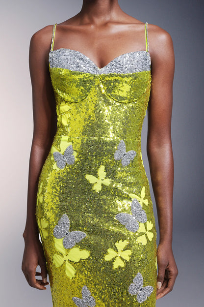 Vibrant Lime Green Sequin Spaghetti Strap with Crystal Trim and Butterfly Applique Mermaid Evening Dress