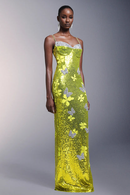 Vibrant Lime Green Sequin Spaghetti Strap with Crystal Trim and Butterfly Applique Mermaid Evening Dress