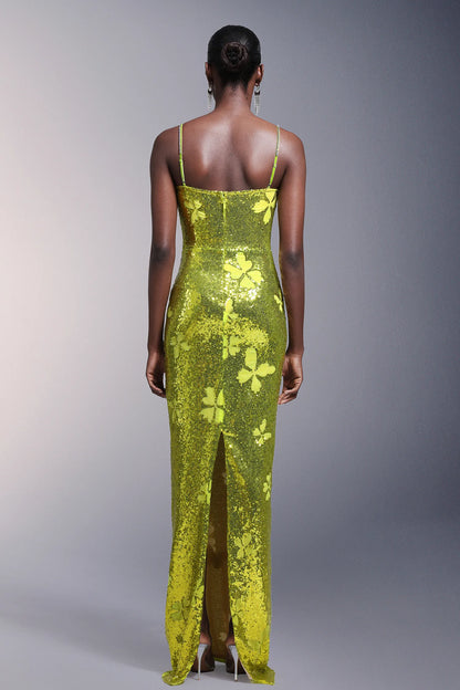 Vibrant Lime Green Sequin Spaghetti Strap with Crystal Trim and Butterfly Applique Mermaid Evening Dress