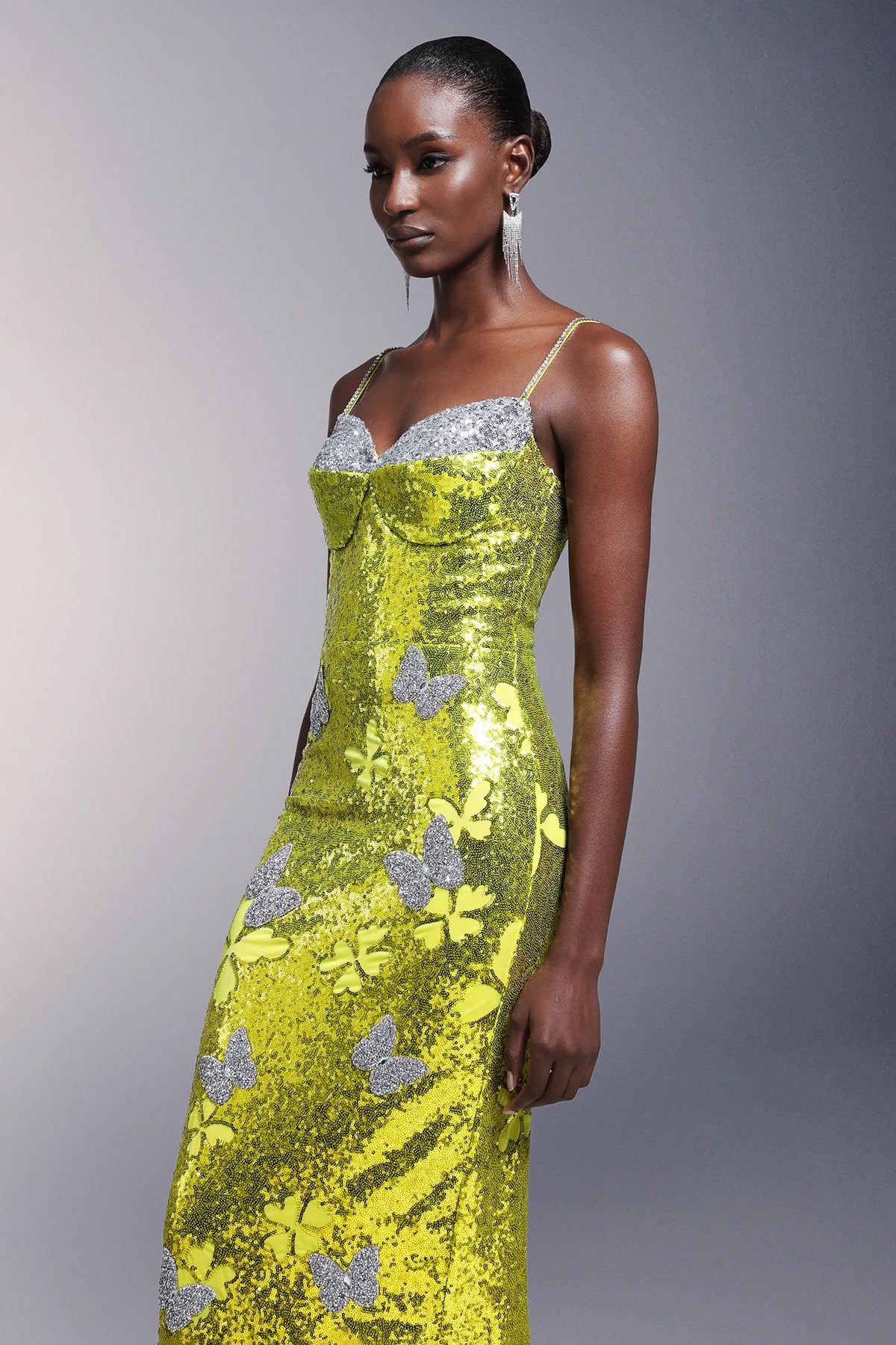 Vibrant Lime Green Sequin Spaghetti Strap with Crystal Trim and Butterfly Applique Mermaid Evening Dress