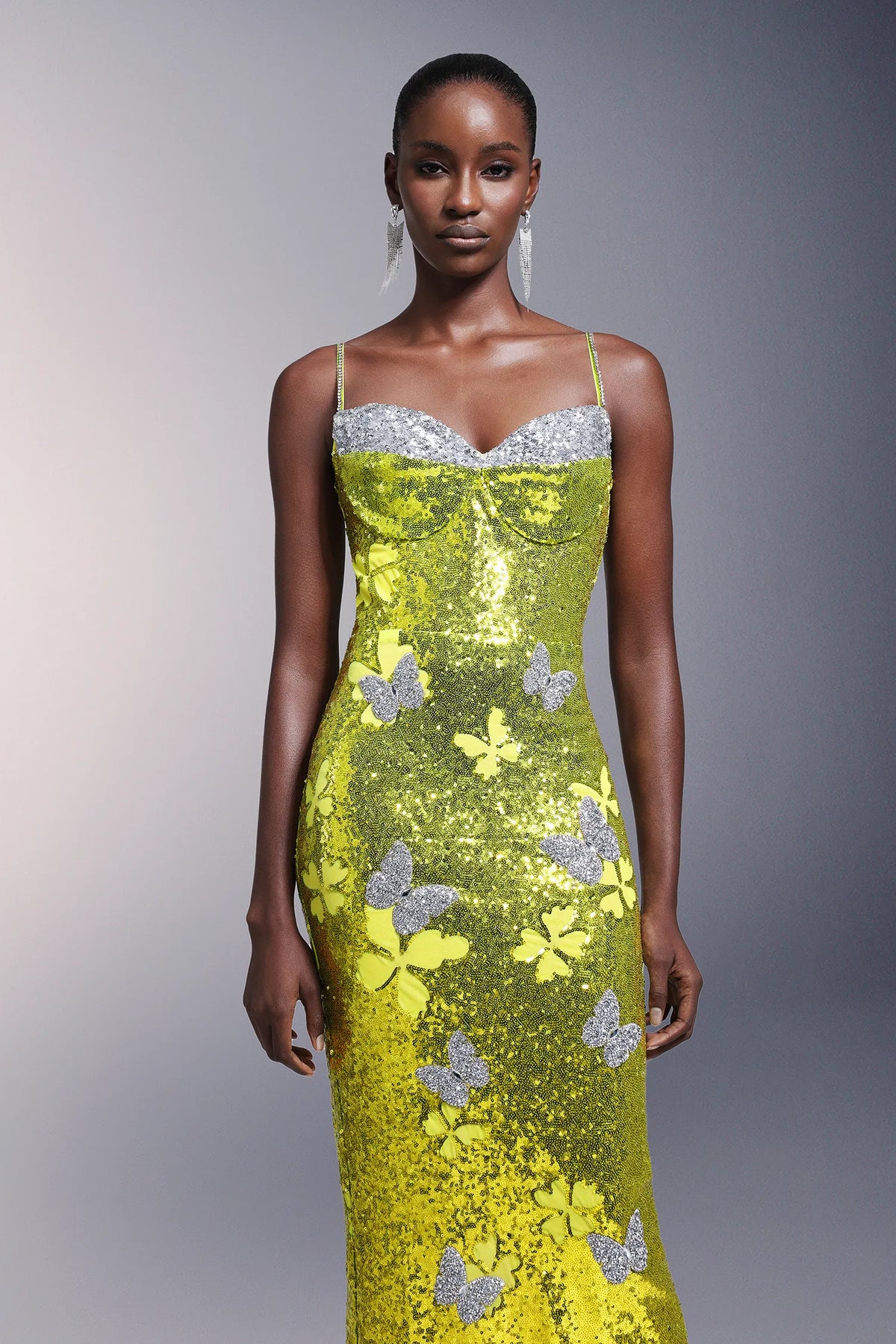 Vibrant Lime Green Sequin Spaghetti Strap with Crystal Trim and Butterfly Applique Mermaid Evening Dress