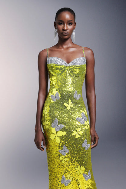 Vibrant Lime Green Sequin Spaghetti Strap with Crystal Trim and Butterfly Applique Mermaid Evening Dress