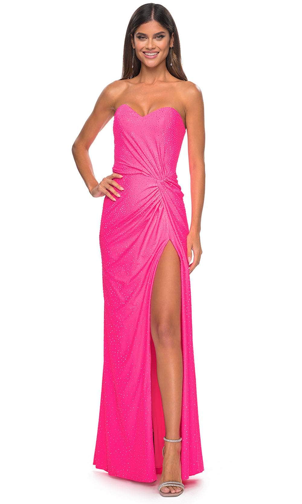 Vibrant Neon Pink Beaded Strapless with Lace-Up Back and High Slit Evening Dress