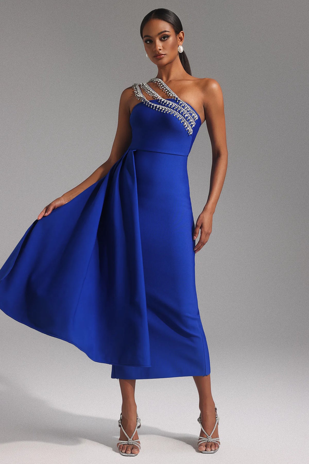 Vibrant Royal Blue One-Shoulder with Crystal Embellished Strap and Asymmetric Ruffle Midi Evening Dress