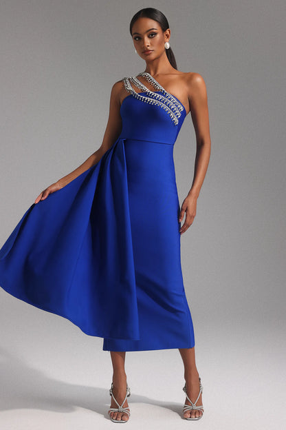 Vibrant Royal Blue One-Shoulder with Crystal Embellished Strap and Asymmetric Ruffle Midi Evening Dress