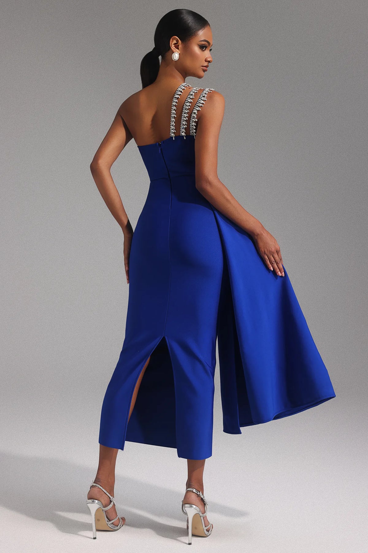 Vibrant Royal Blue One-Shoulder with Crystal Embellished Strap and Asymmetric Ruffle Midi Evening Dress