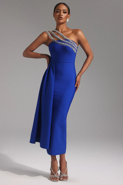 Vibrant Royal Blue One-Shoulder with Crystal Embellished Strap and Asymmetric Ruffle Midi Evening Dress