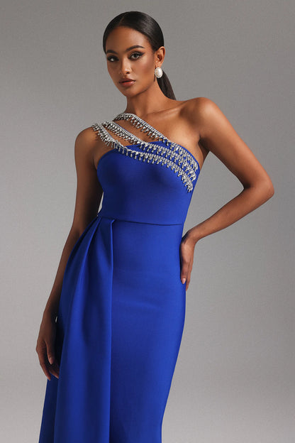 Vibrant Royal Blue One-Shoulder with Crystal Embellished Strap and Asymmetric Ruffle Midi Evening Dress