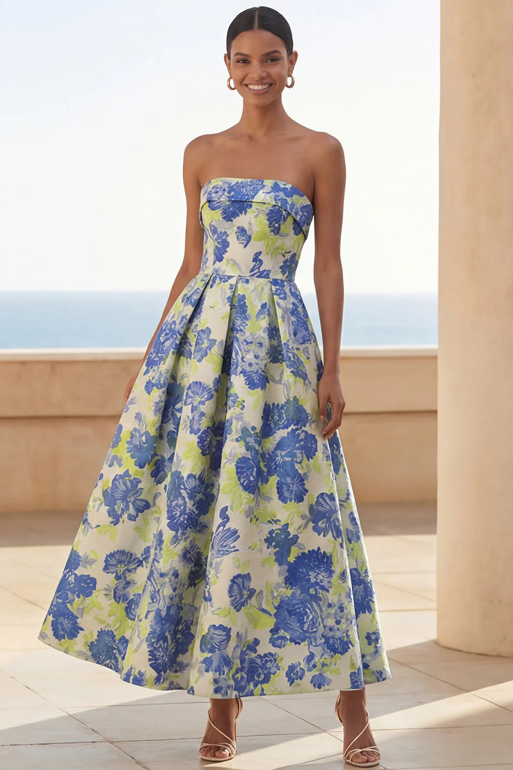Vibrant Strapless Watercolor Blue Green Floral Print A-Line Midi Dress with Structured Bodice and Open Back Prom Dress