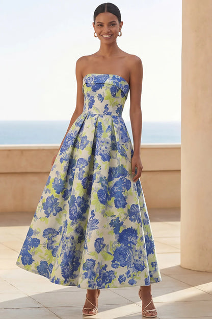 Vibrant Strapless Watercolor Blue Green Floral Print A-Line Midi Dress with Structured Bodice and Open Back Prom Dress