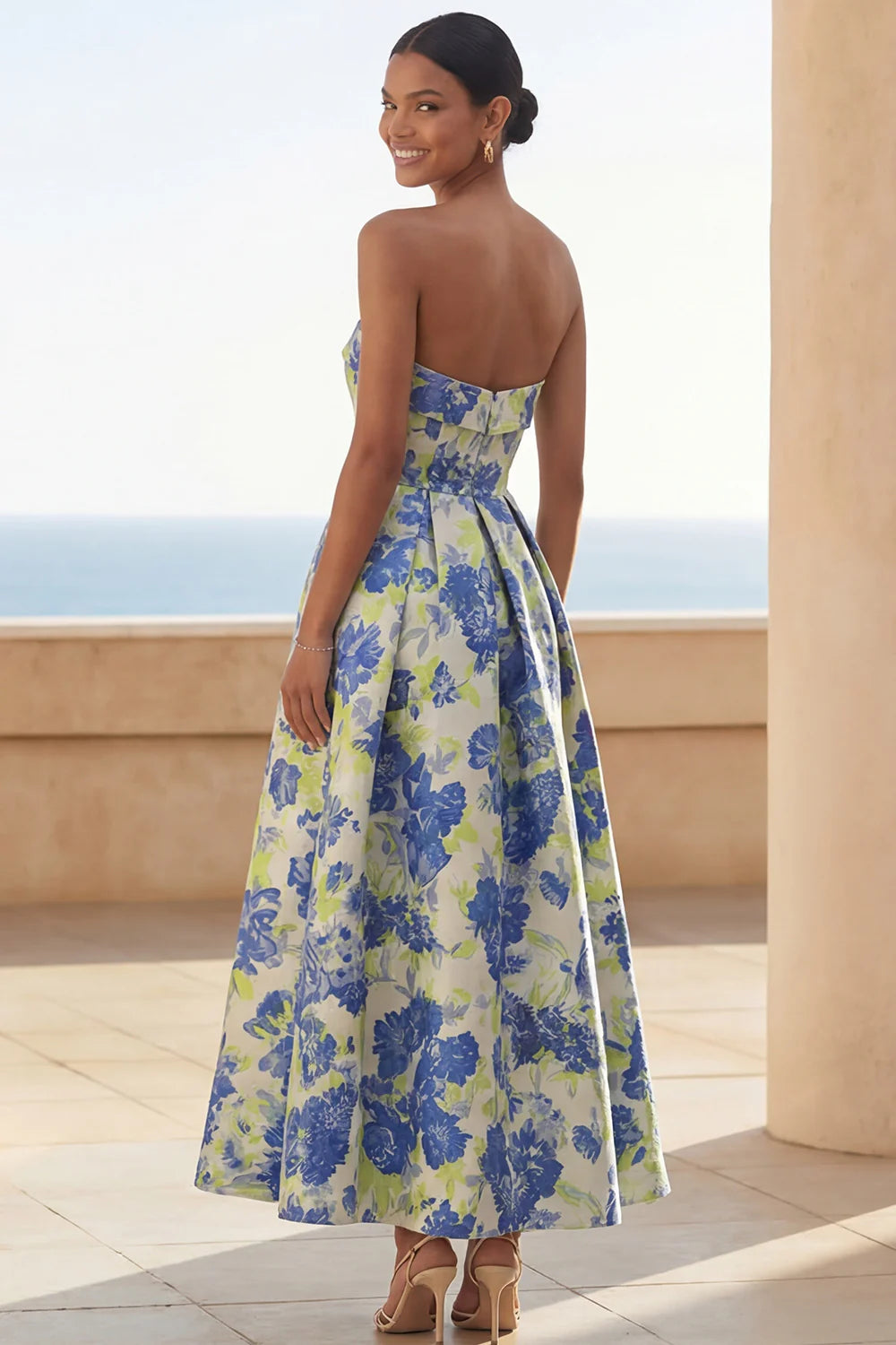Vibrant Strapless Watercolor Blue Green Floral Print A-Line Midi Dress with Structured Bodice and Open Back Prom Dress