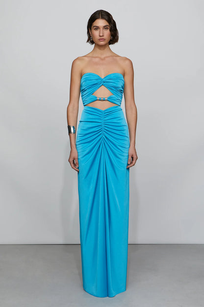 Vibrant Turquoise Strapless Sweetheart Neck Cut-Out Detail Ruched Floor-Length Evening Dress
