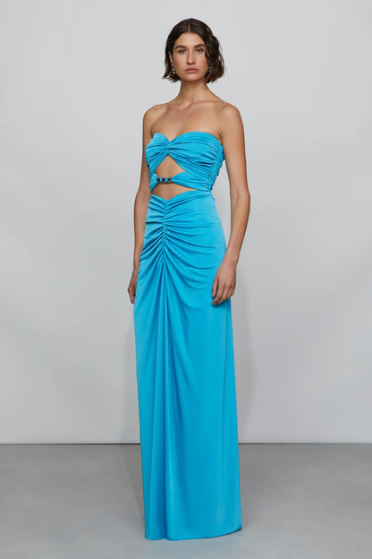 Vibrant Turquoise Strapless Sweetheart Neck Cut-Out Detail Ruched Floor-Length Evening Dress
