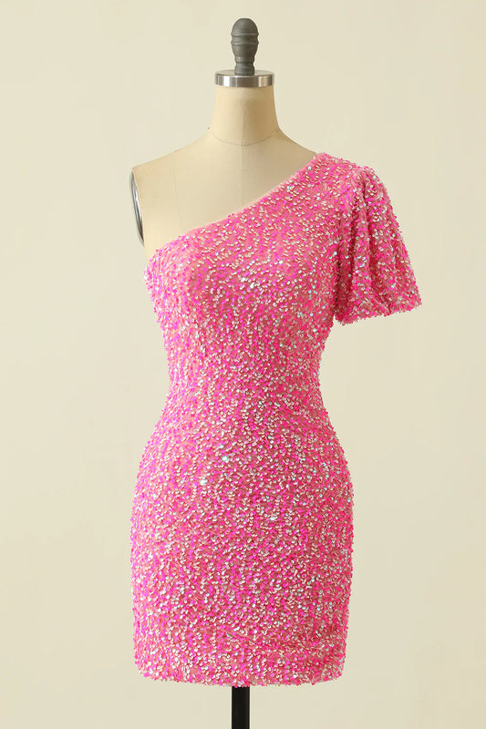 A Line One Shoulder Sequins Short/Mini Homecoming Dress