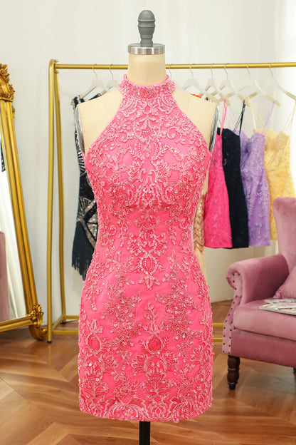 Sheath Open Back Halter Lace Short Homecoming Dress With Appliques