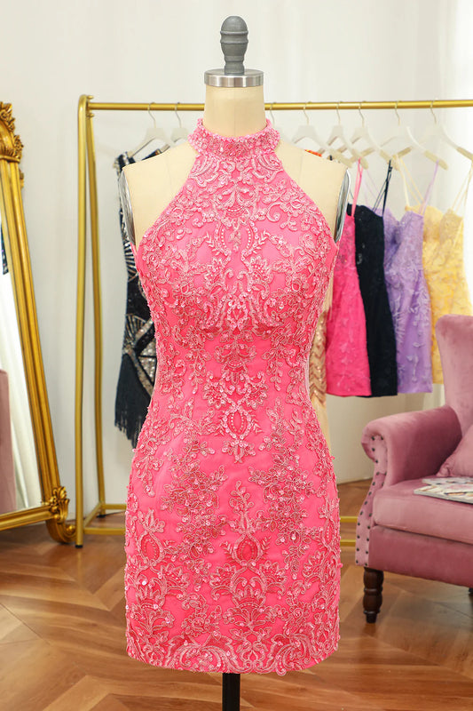 Sheath Open Back Halter Lace Short Homecoming Dress With Appliques