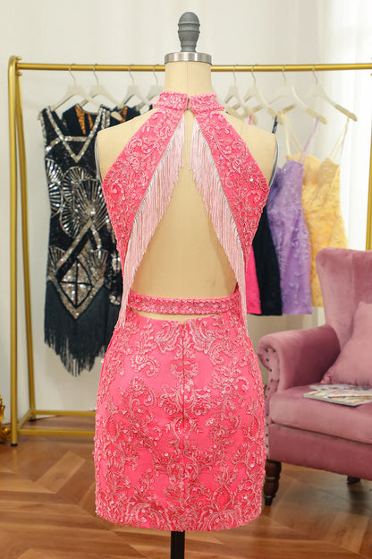 Sheath Open Back Halter Lace Short Homecoming Dress With Appliques