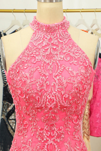 Sheath Open Back Halter Lace Short Homecoming Dress With Appliques