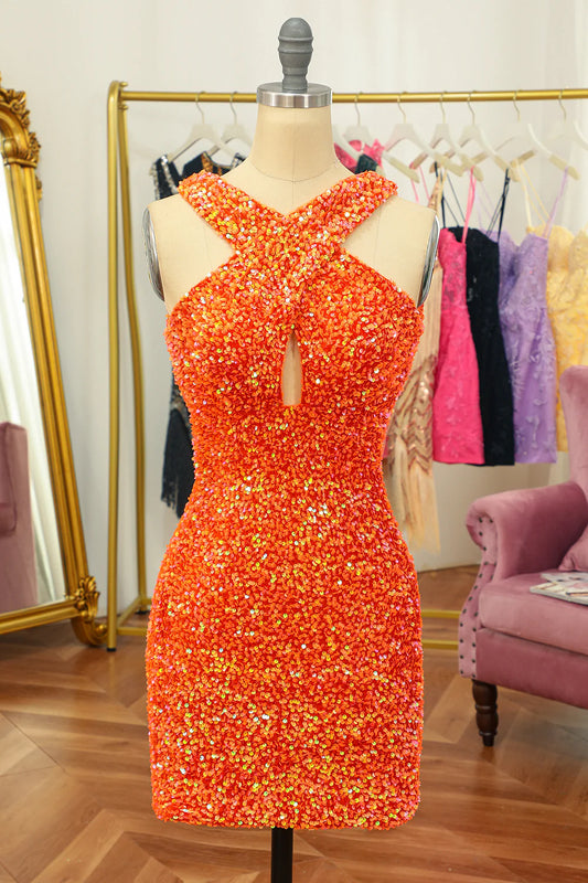 Sheath Glitter Orange Halter Backless Sequins Homecoming Dress