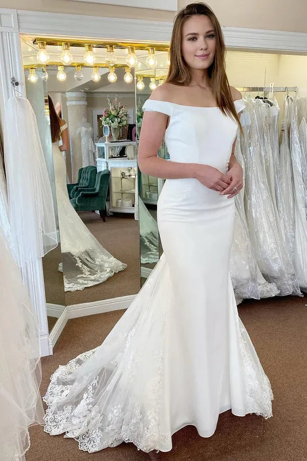 Mermaid Off the Shoulder Wedding Dresses Sweep / Brush Train White Wedding Dress with Appliques