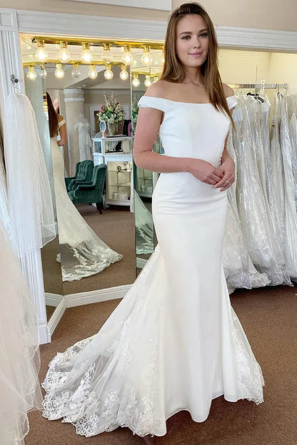Mermaid Off the Shoulder Wedding Dresses Sweep / Brush Train White Wedding Dress with Appliques