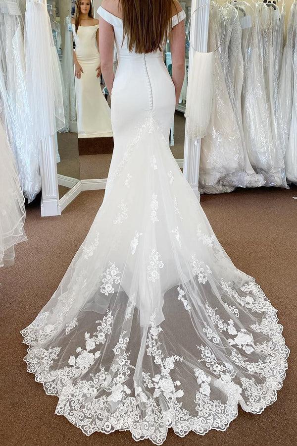 Mermaid Off the Shoulder Wedding Dresses Sweep / Brush Train White Wedding Dress with Appliques