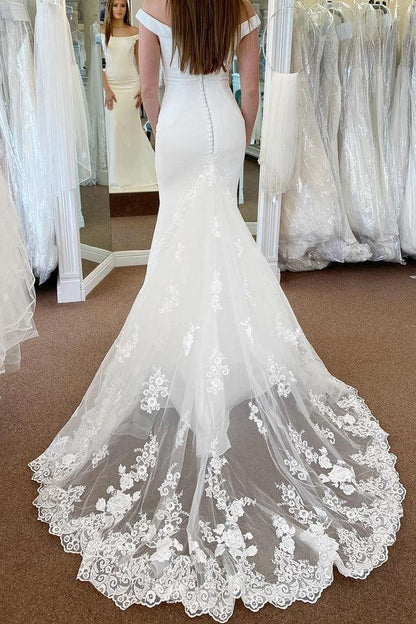 Mermaid Off the Shoulder Wedding Dresses Sweep / Brush Train White Wedding Dress with Appliques
