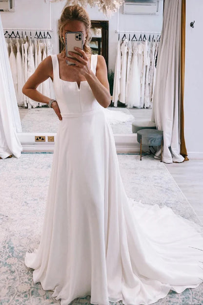 A-Line Boho Wedding Gown Simple White Square Neck Long Chiffon Wedding Dress