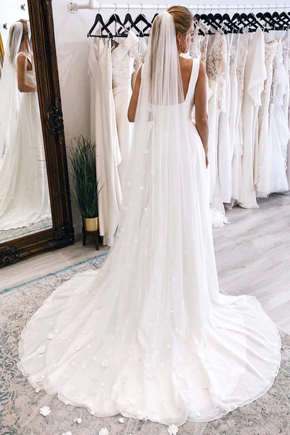 A-Line Boho Wedding Gown Simple White Square Neck Long Chiffon Wedding Dress