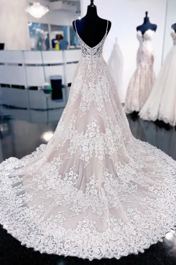 A-Line Wedding Dress Ball Gown Elegant Spaghetti Straps Sweep Train Long Wedding Dress  With Appliques