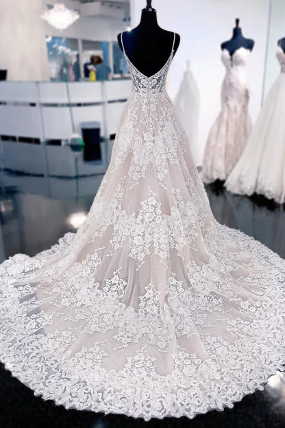 A-Line Wedding Dress Ball Gown Elegant Spaghetti Straps Sweep Train Long Wedding Dress  With Appliques