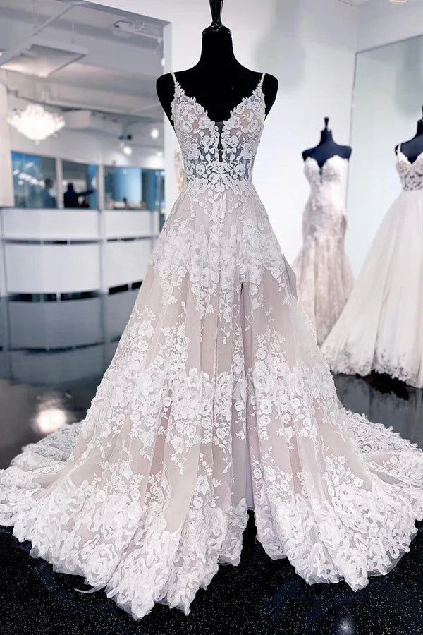 A-Line Wedding Dress Ball Gown Elegant Spaghetti Straps Sweep Train Long Wedding Dress  With Appliques