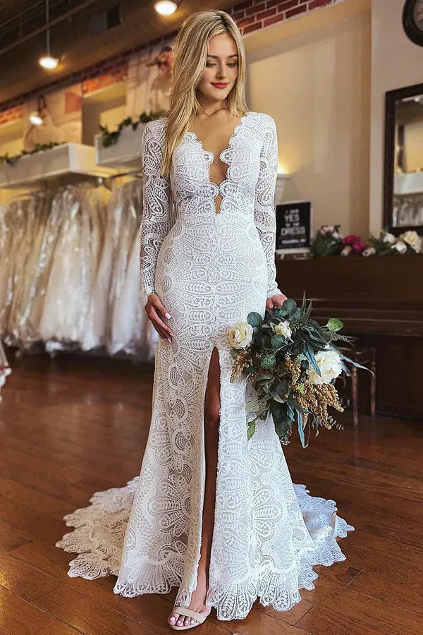 Mermaid Boho V Neck Long Sleeve Long Lace Court Train  Wedding Dress