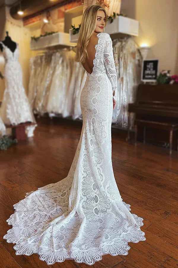 Mermaid Boho V Neck Long Sleeve Long Lace Court Train  Wedding Dress