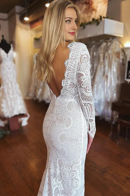 Mermaid Boho V Neck Long Sleeve Long Lace Court Train  Wedding Dress