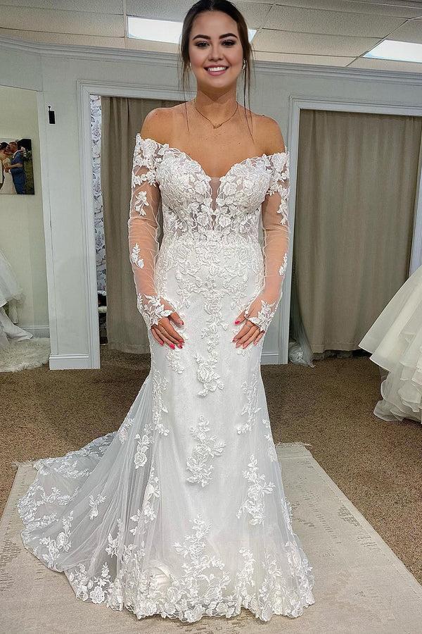Mermaid Court Train Lace Polyester Off The Shoulder Long Sleeve Long Wedding Dress  with Appliques